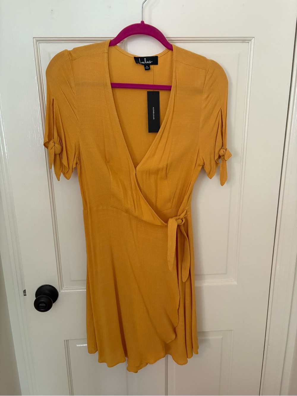 Lulu's Golden Wrap-Front Dress with Tie Sleeve Detail